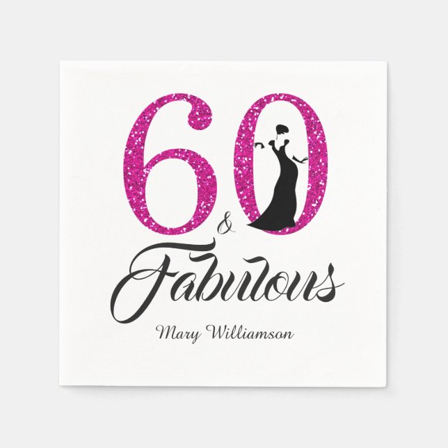 Monogram 60 Fabulous Pink Glitter 60th Birthday Napkins (Front)