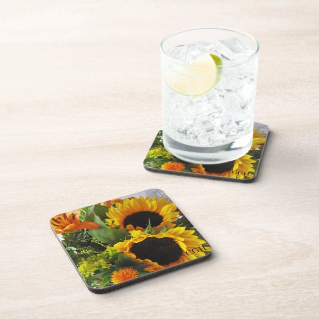 Monogram, (6) Beautiful Sunflowers Print Beverage Coaster (Right Side)