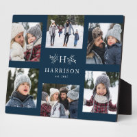 Monogram 6 photo collage family name rustic navy
