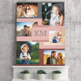Monogram 6 photo collage on Maroon Pink and Grey Canvas Print