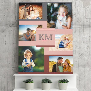 Monogram 6 photo collage on Maroon Pink and Grey Canvas Print