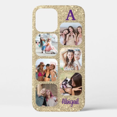 Monogram 6 Rounded Photo Collage Gold Glitter iPhone 12 Case