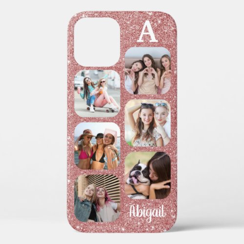 Monogram 6 Rounded Photo Collage Rose Gold Glitter iPhone 12 Case