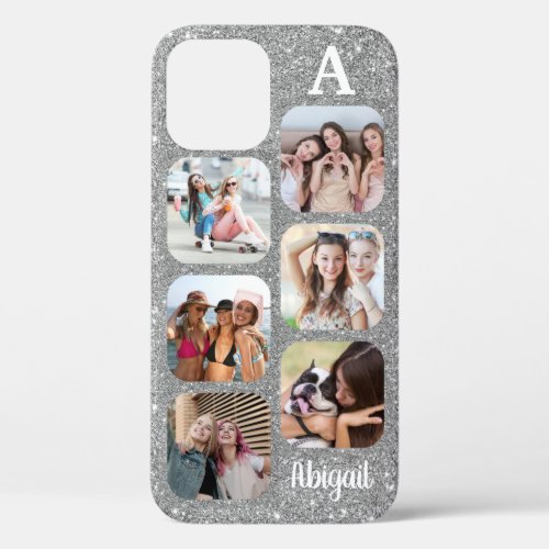Monogram 6 Rounded Photo Collage Silver Glitter iPhone 12 Case