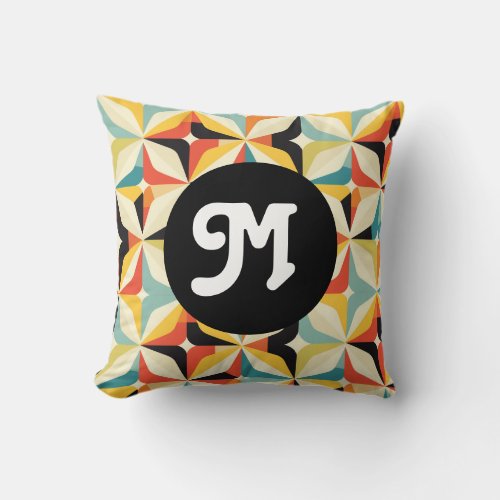 Monogram 70s Trendy Geometric Pattern  Throw Pillow