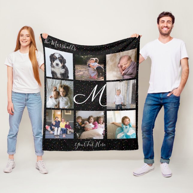 Monogram 8 Photo Collage Colorful Confetti Black Fleece Blanket (In Situ)