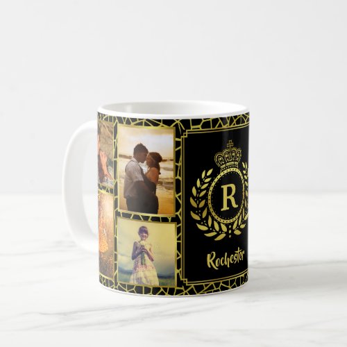 Monogram 8 Photo Collage  Royal Crown Gold Laurel Coffee Mug