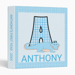 Monogram A Baby's First Year Blue Alligator 3 Ring Binder