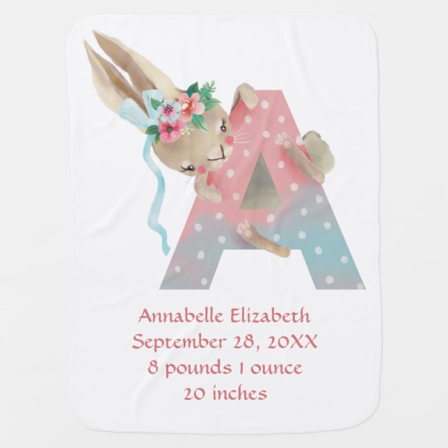 Monogram A Birth Stats Bunny Rabbit Cute Baby Blanket (Front)