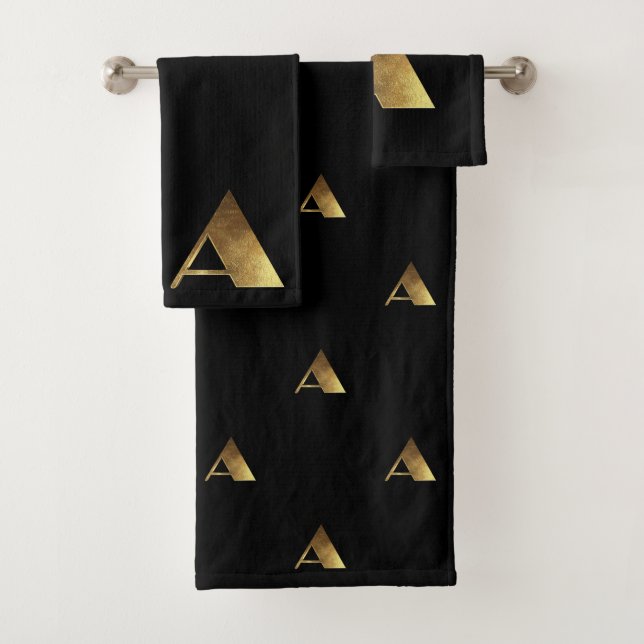 Monogram A Black and Gold Look Elegant Typography Bath Towel Set (Insitu)
