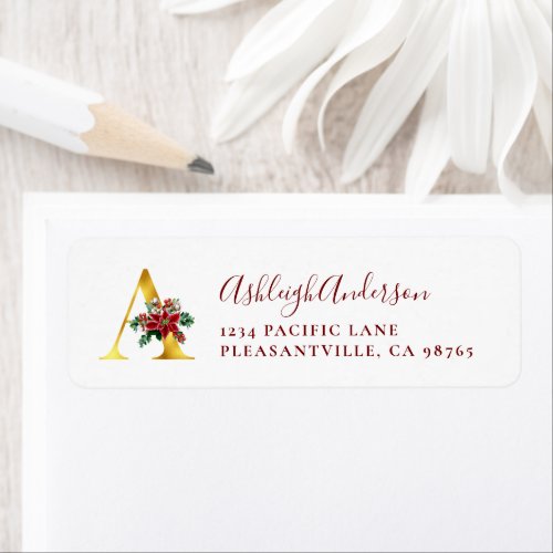 Monogram A Christmas Red Gold Return Address Label