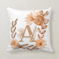 Monogram A, Floral Autumn Colors, Browns Peaches Throw Pillow