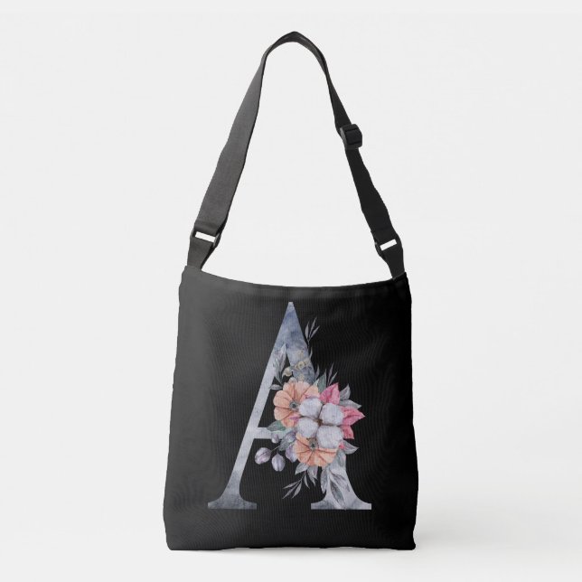 Monogram A Floral Blue Pink Peach Black Crossbody Bag (Front)