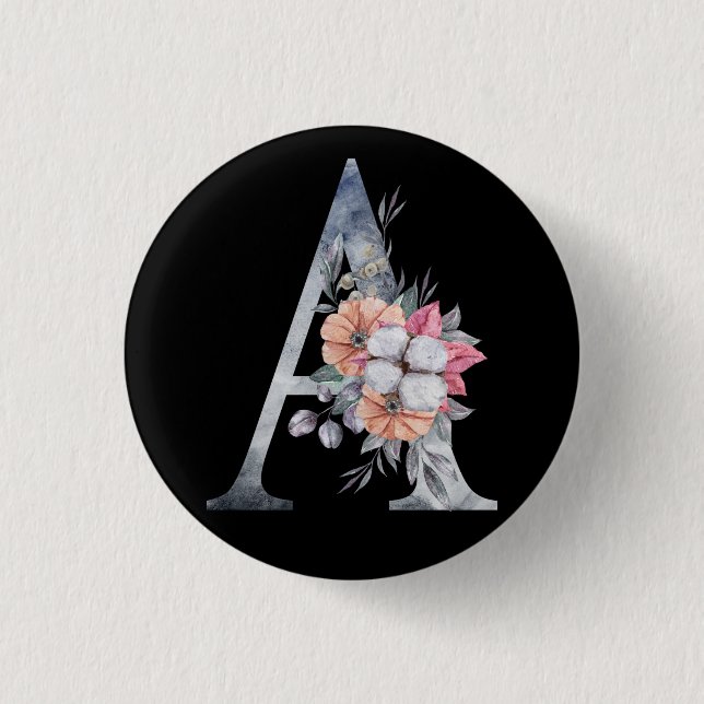 Monogram A Floral Blues Button (Front)