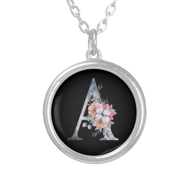 Monogram A Floral Blues Silver Plated Necklace (Front)