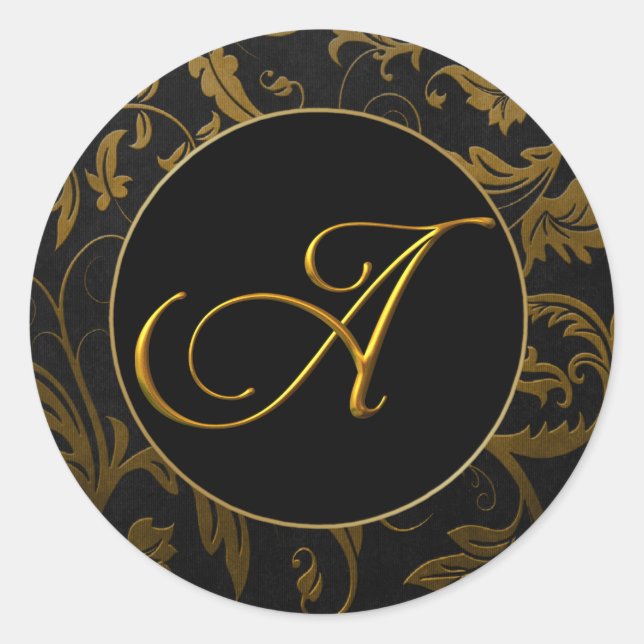 Monogram A Gold and Black Damask Wedding Seal (Front)