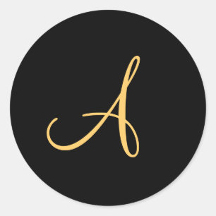 Monogram A,  gold colored initial A on black,  Classic Round Sticker