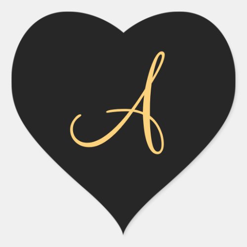 Monogram A  gold colored initial A on black Heart Sticker