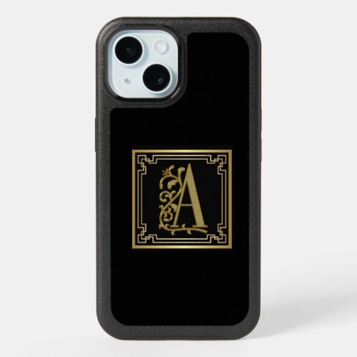 Monogram A  gold colored on black iPhone 15 Case