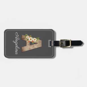 Monogram A gray wood letter flower Luggage Tag