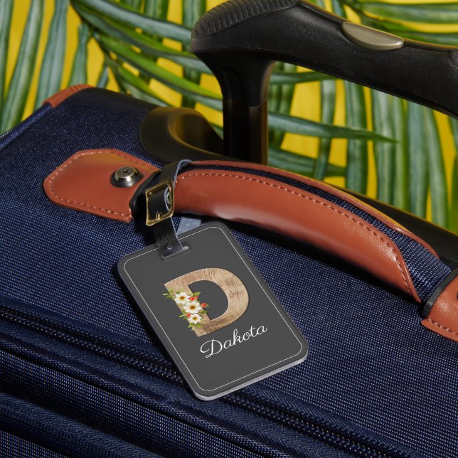 Monogram A gray wood letter flower Luggage Tag (Front Insitu 1)