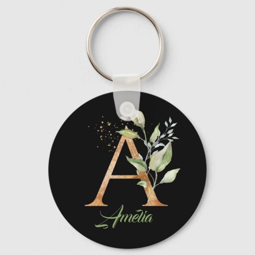 Monogram A green eucalyptus faux gold foil black Keychain