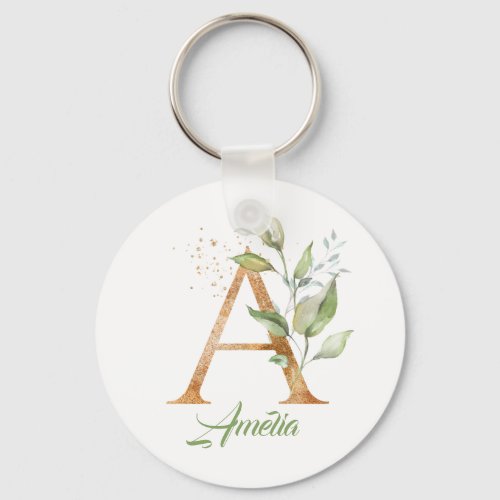 Monogram A green eucalyptus faux gold foil Keychain