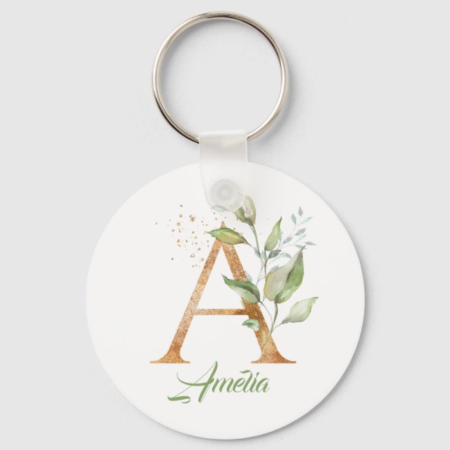 Monogram A green eucalyptus faux gold foil Keychain (Front)