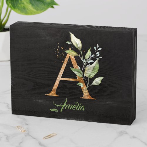 Monogram A green eucalyptus faux gold foil Wooden Box Sign