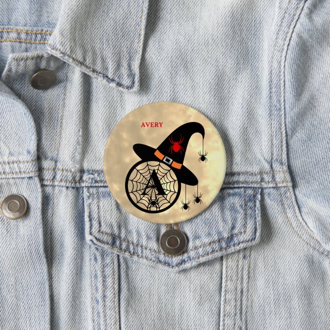 Monogram A Halloween Sky Witch Spiders Name Button (In Situ)