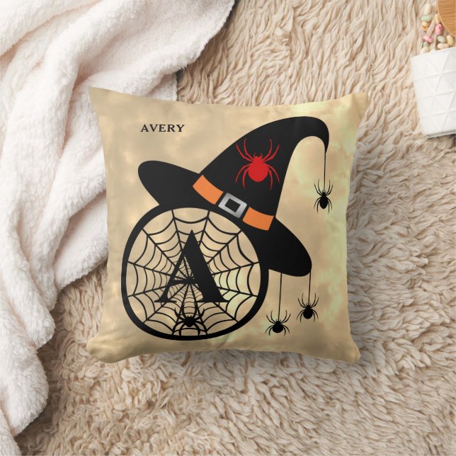 Monogram A Halloween Sky Witch Spiders Name Throw Pillow (Blanket)