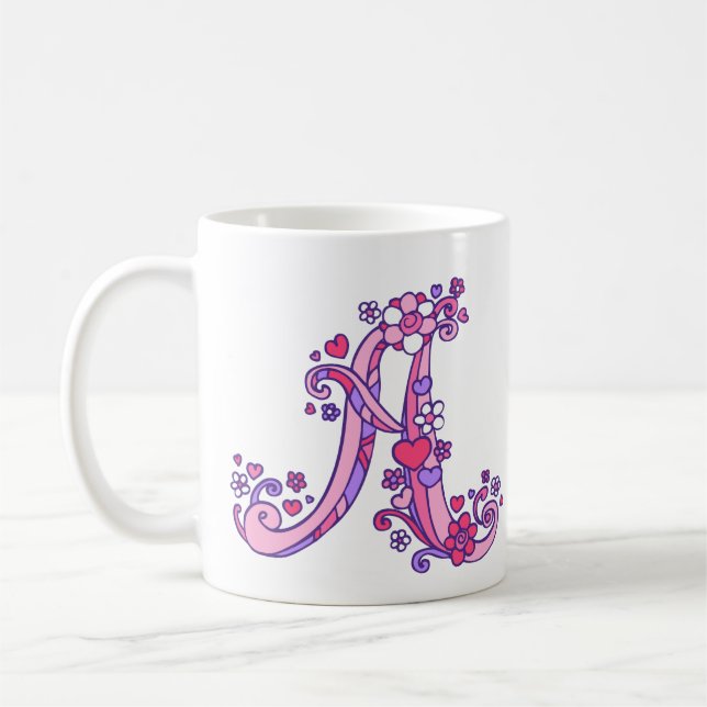Monogram A hearts and flowers pink purple mug (Left)
