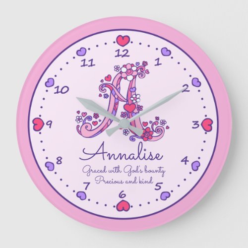 Monogram A hearts girls name meaning pink clock