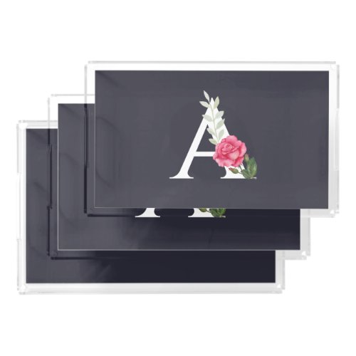 Monogram A in White Pink Rose and Leaves Acrylic Tray