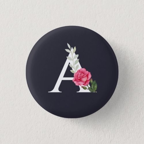 Monogram A in White Pink Rose and Leaves Button