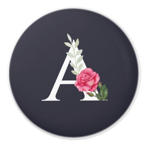 Monogram A in White Pink Rose and Leaves Ceramic Knob