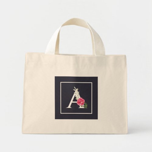 Monogram A in White Pink Rose and Leaves Dark Gray Mini Tote Bag