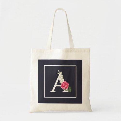 Monogram A in White Pink Rose and Leaves Dark Gray Tote Bag