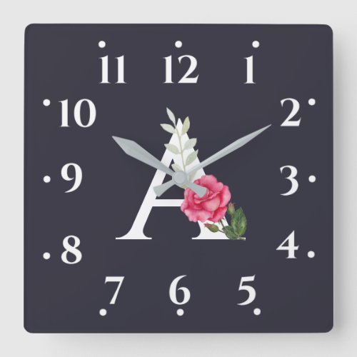Monogram A in White Pink Rose and Leaves Gray Square Wall Clock