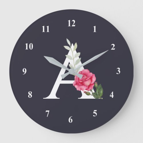 Monogram A in White Pink Rose and Leaves Large Clock