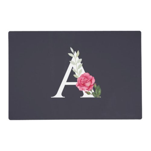 Monogram A in White Pink Rose and Leaves Placemat