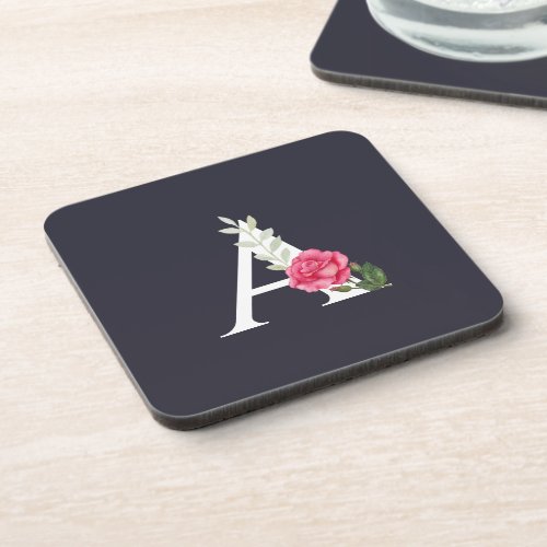 Monogram A in White Pink Rose and Leaves Square Beverage Coaster