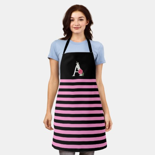 Monogram A in White Pink Rose and Leaves Stripes Apron