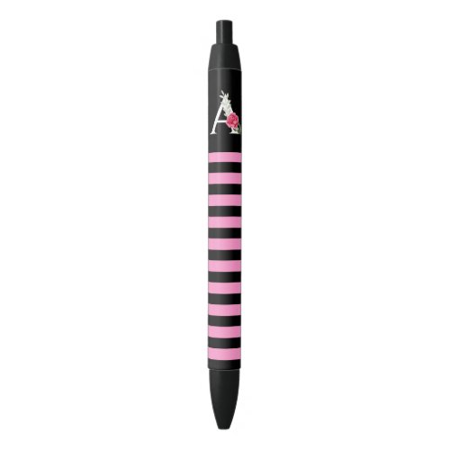 Monogram A in White Pink Rose and Leaves Stripes Black Ink Pen