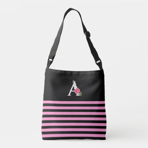 Monogram A in White Pink Rose and Leaves Stripes Crossbody Bag