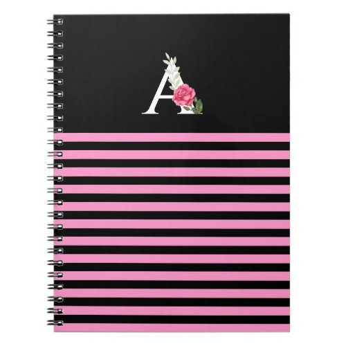 Monogram A in White Pink Rose and Leaves Stripes Notebook