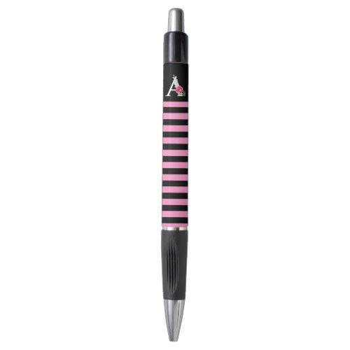 Monogram A in White Pink Rose and Leaves Stripes Pen