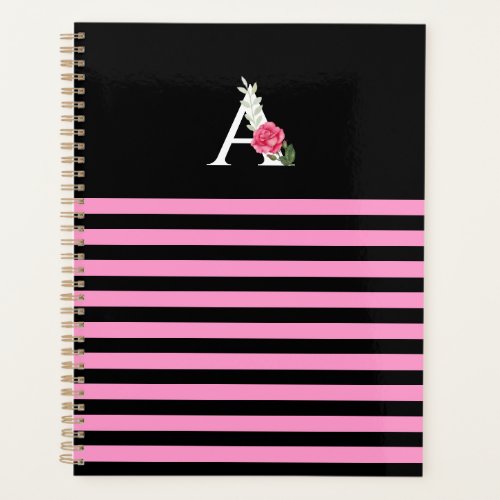 Monogram A in White Pink Rose and Leaves Stripes Planner