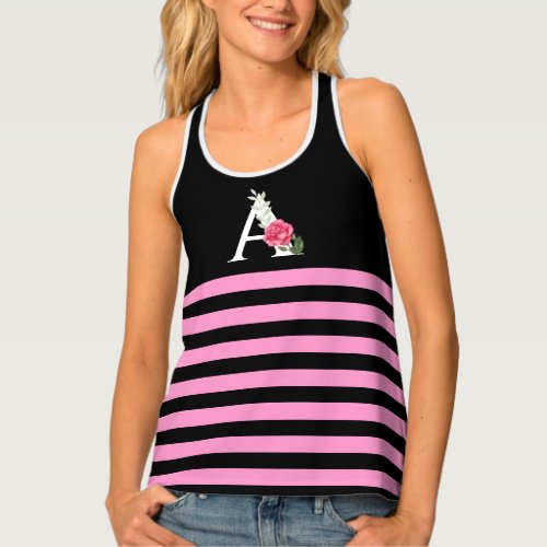 Monogram A in White Pink Rose and Leaves Stripes Tank Top