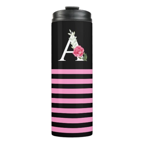 Monogram A in White Pink Rose and Leaves Stripes Thermal Tumbler